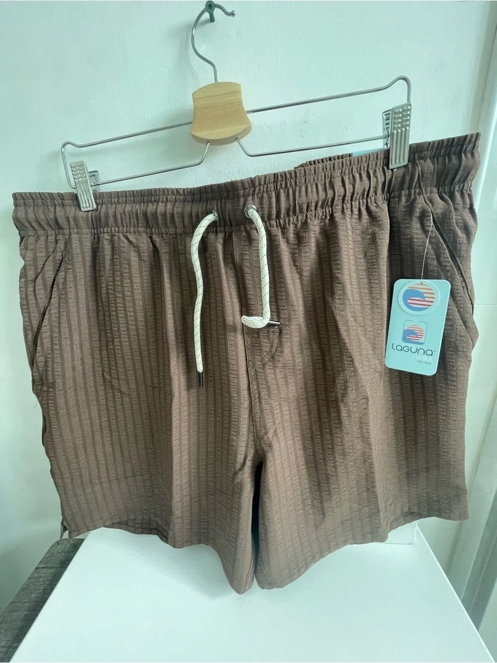 Men's Brown Textured Swim Trunks with Drawstring